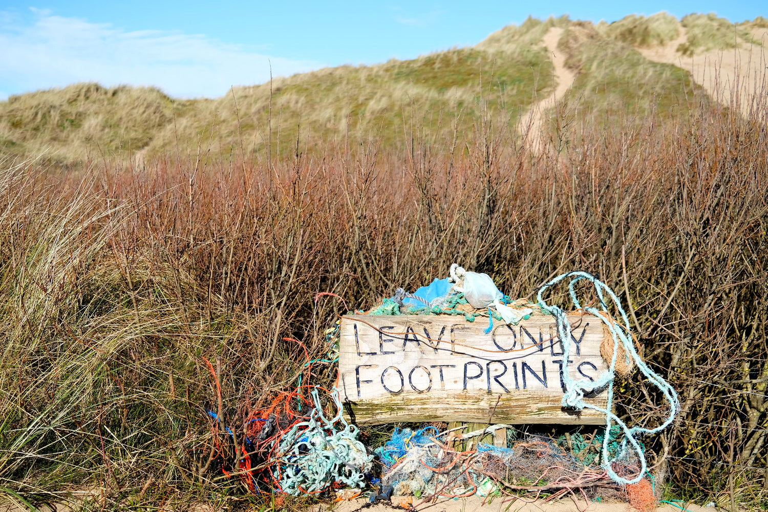 Sign in nature with 'Leave Only Footprints' text surrounded by natural elements.