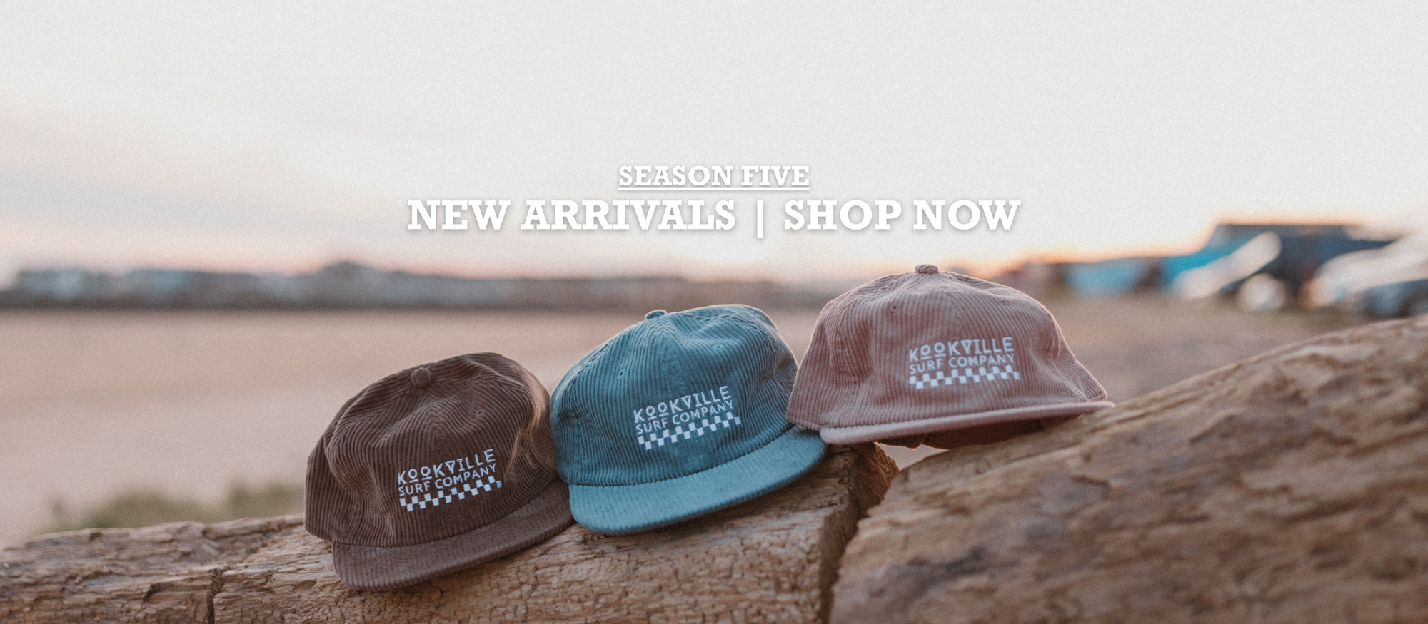 Three caps on a log with 'New Arrivals' text and 'Shop Now' button against a beach background.